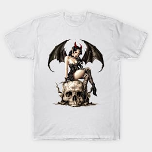 Devil Woman Sitting on Skull Vintage T-Shirt